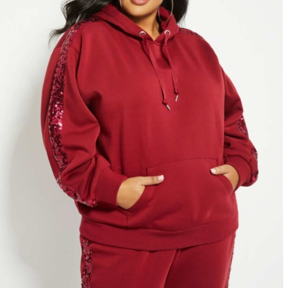 CUTE deep RED Sequin Trim Hoodie
